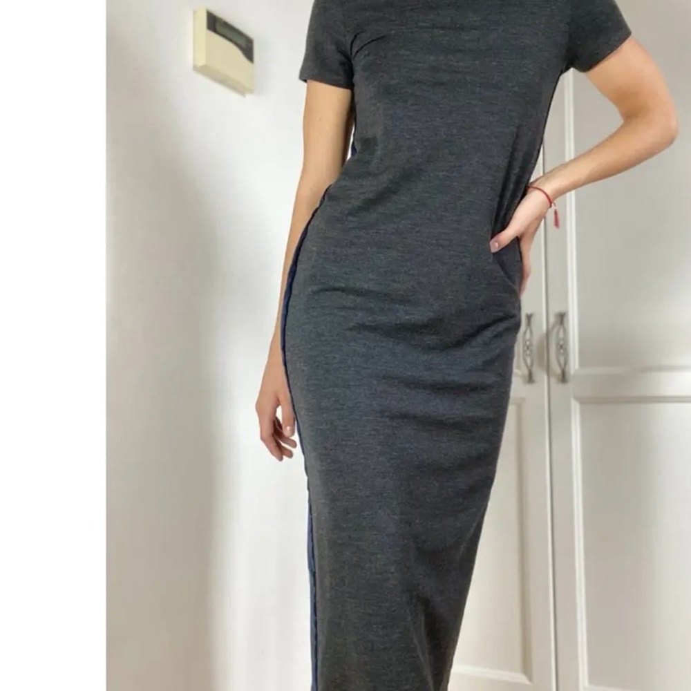 Brunello Cucinelli Mock Neck Cotton Strechy Gray/Navy Short-Sleeve Maxi Dress